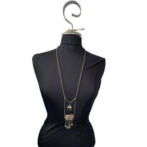 Vintage Silver-Tone Tribal Statement Necklace With Red Glass Stone & Dangling Ch